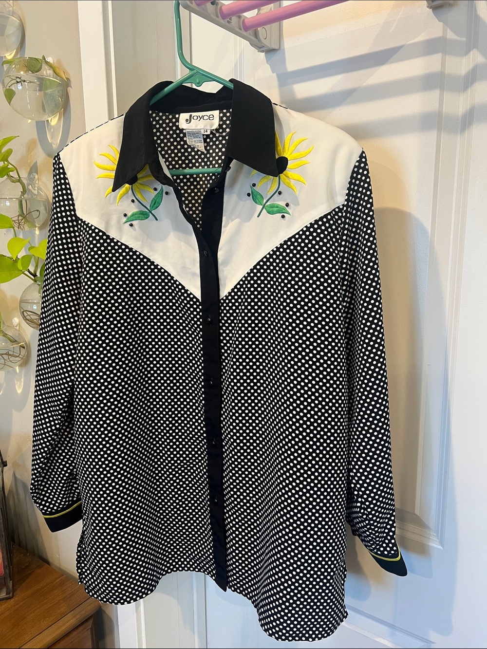 Vintage Black & White Polka Dot Western Blouse with Yellow Floral Embroidery
